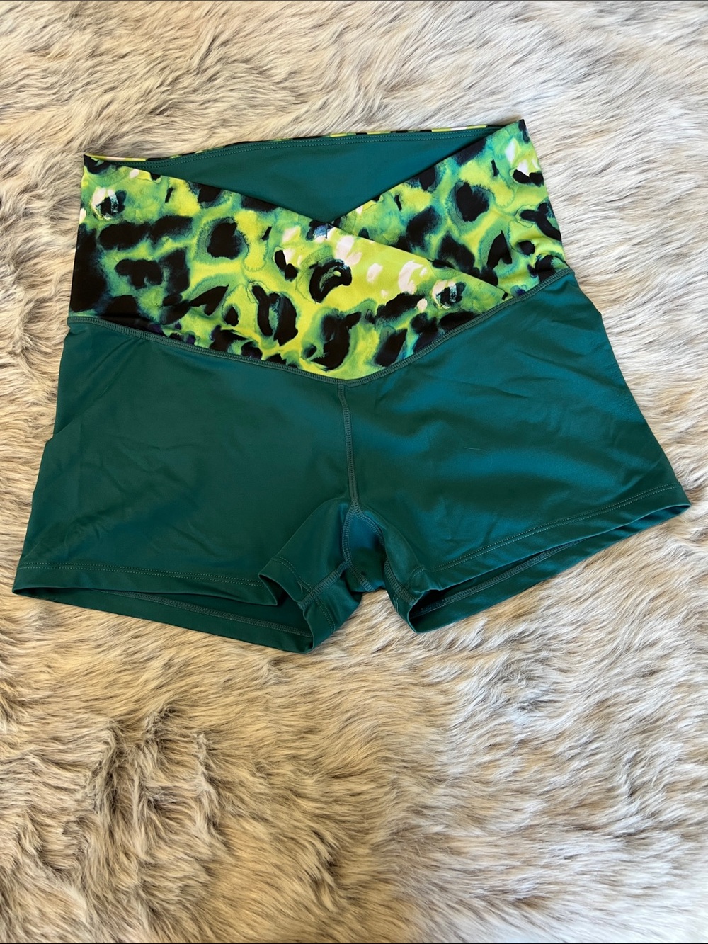 Green High-Waist Women’s Athletic Shorts with Neon Leopard Waistband